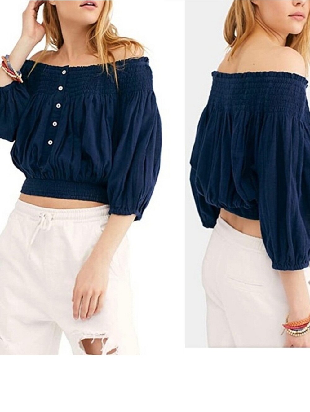 Free People Dancing Till Dawn Smocked Off Shoulder Crop Top Sz Med Navy Blue